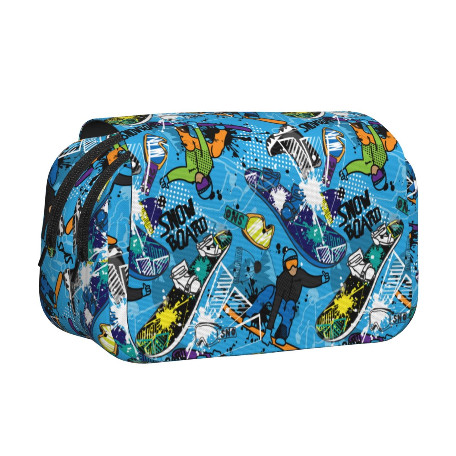 Rateoe snow board blue Pattern Double Clamshell Pen Case, Storage Organizer with Two Zipper Compartments– Holds Up to 50 Pencils & Pens