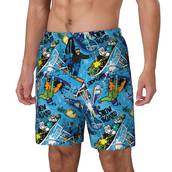 Rateoe snow board blue Pattern Men’s Swim Shorts with Compression Liner – Double-Layered Quick-Dry Swimwear, Comfortable & Stretchy Beach Shorts-Medium
