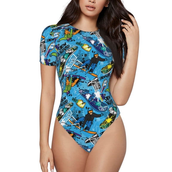 Rateoe snow board blue Printed Women Rash Guard Short Sleeve,Tummy control Swimsuit Surfing Swimsuit Bathing Suit Short-sleeved Onesie UPF 50+ -X-Large