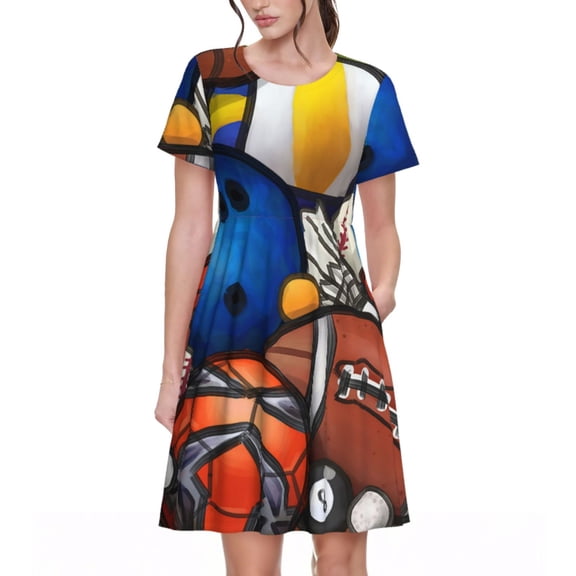 Rateoe sport ball Pattern Women’s Short Sleeve Dress – Casual Elegant Summer A-Line Dress for Everyday Wear