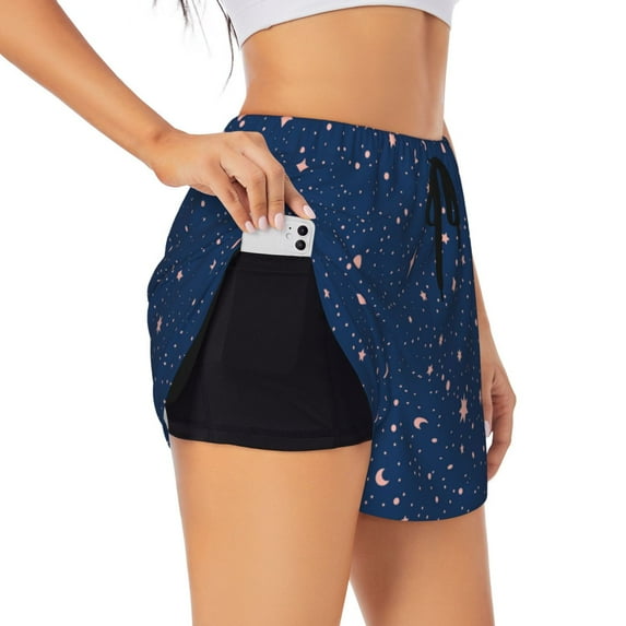 Rateoe star night sky Printed 2 in 1 Women's Workout Shorts for Athletic Gym Running Shorts with Phone Pockets-X-Large