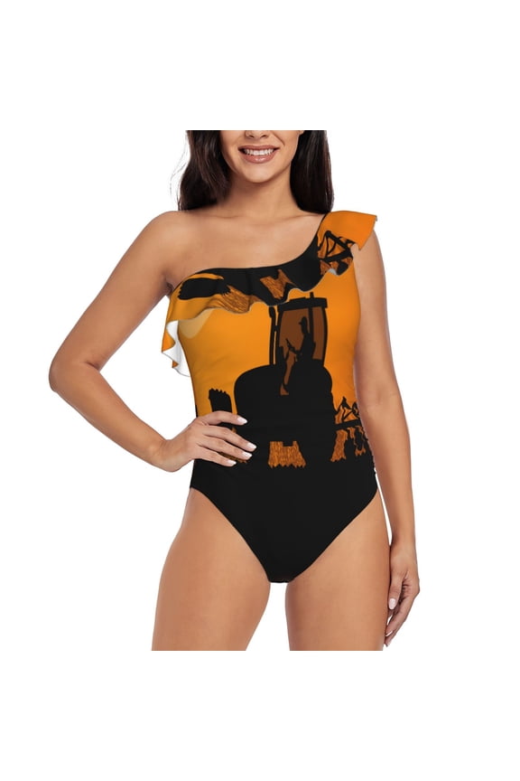 tractor cultivating the land Pattern Women One Piece Swimsuits Tummy Control One Shoulder Bathing Suits Ruffle Swimwear-Large