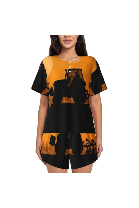 tractor cultivating the land Pattern Women's Short-Sleeved Pajama Set - 2 Piece Soft and Lightweight Sleepwear Set-3X-Large