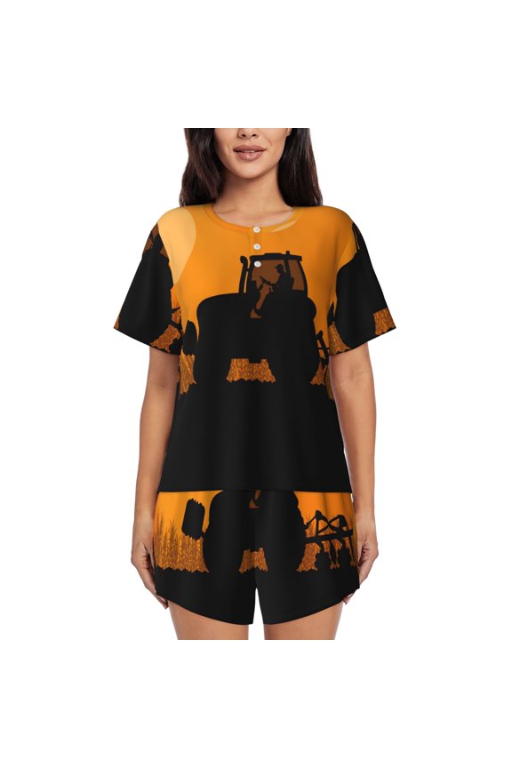 tractor cultivating the land Pattern Women's Short-Sleeved Pajama Set - 2 Piece Soft and Lightweight Sleepwear Set-Large