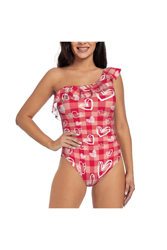valentine day with heart Pattern Women One Piece Swimsuits Tummy Control One Shoulder Bathing Suits Ruffle Swimwear-Medium