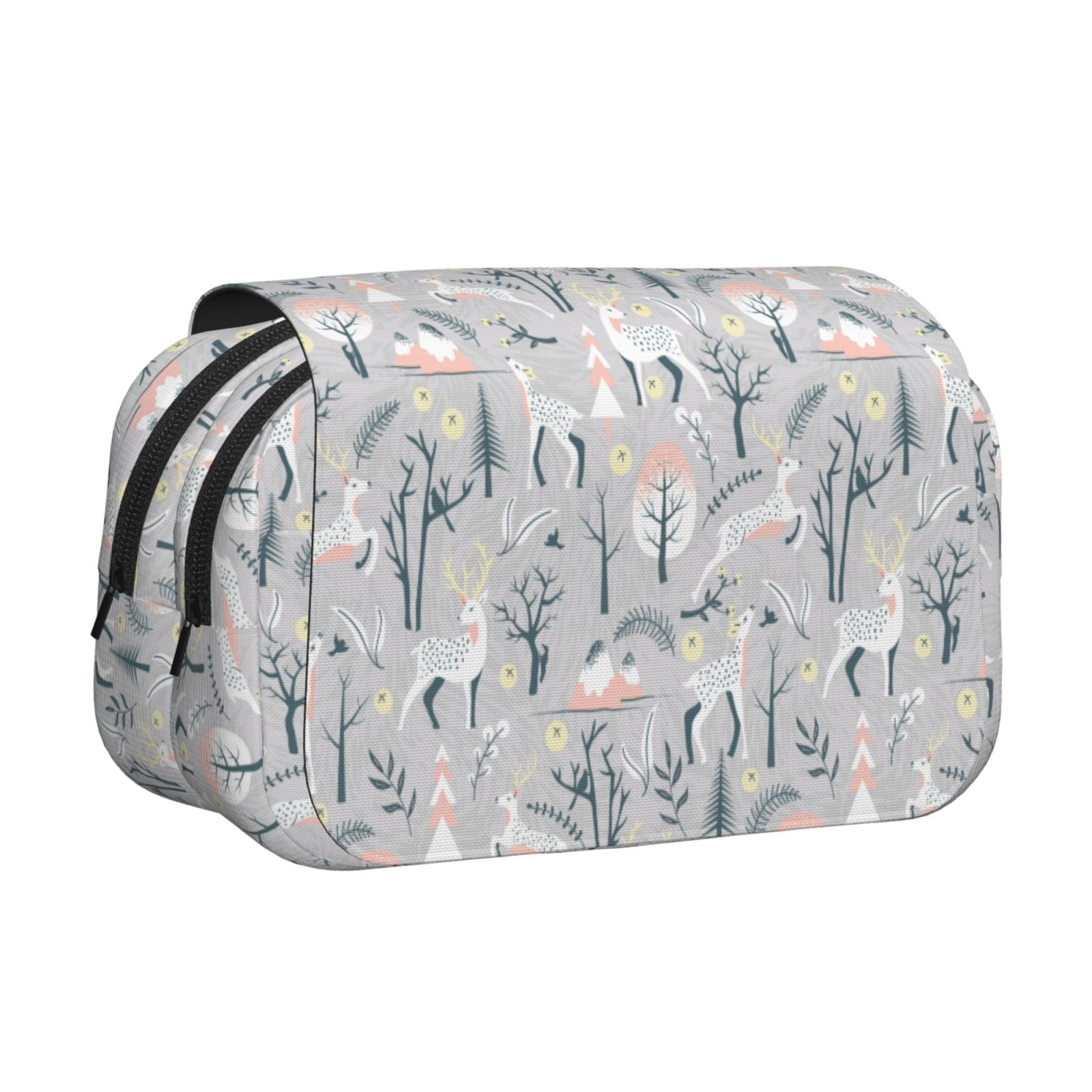 Rateoe white Moose winter tree Pattern Double Clamshell Pen Case, Storage Organizer with Two Zipper Compartments– Holds Up to 50 Pencils & Pens