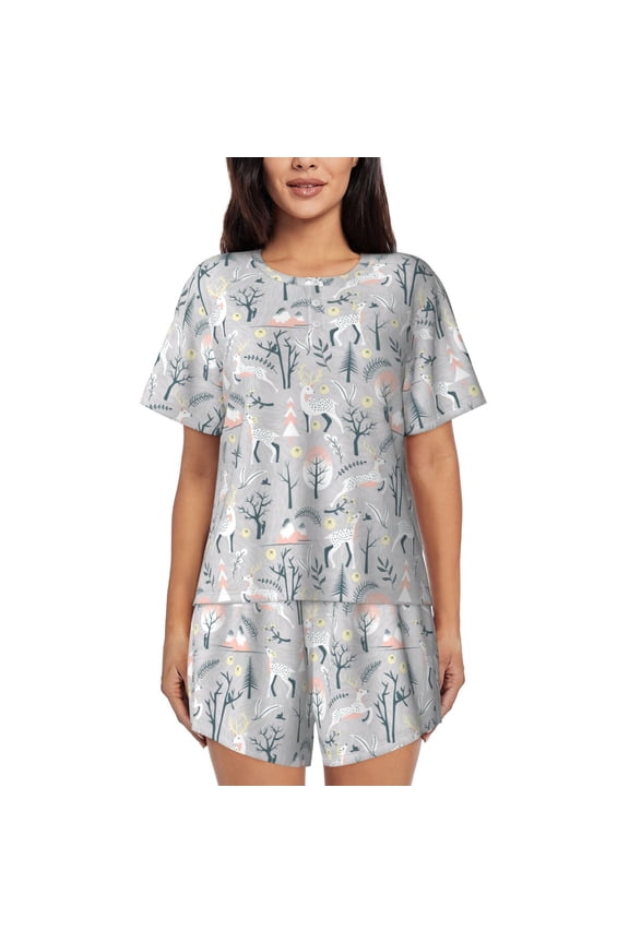 white Moose winter tree Pattern Women's Short-Sleeved Pajama Set - 2 Piece Soft and Lightweight Sleepwear Set-3X-Large