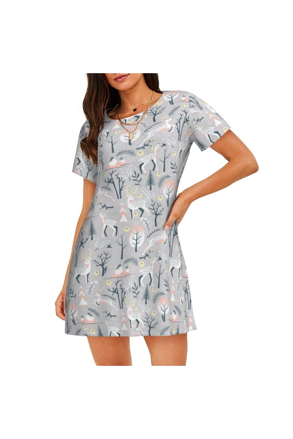 white Moose winter tree Print Women’s Nightdress – Cozy Cotton Short-sleeved Sleep Shirt, Loose-Fit Sleepwear, Perfect for Relaxing and Sleeping