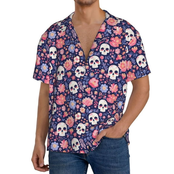 Rateoe white Skull Flower Pattern Men's Short Sleeve Classic Shirt, Casual Short-Sleeved Shirt, Lightweight Summer Shirt, Cuban Collar Shirt,Button-Front Shirt-3X-Large