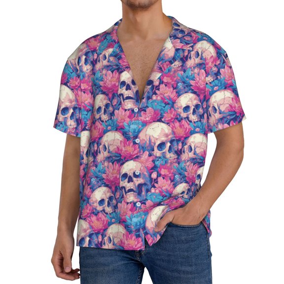 Rateoe white Skull blue flower Pattern Men's Short Sleeve Classic Shirt, Casual Short-Sleeved Shirt, Lightweight Summer Shirt, Cuban Collar Shirt,Button-Front Shirt-