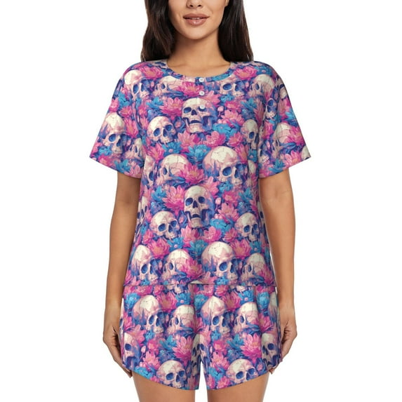 Rateoe white Skull blue flower Pattern Women's Short-Sleeved Pajama Set - 2 Piece Soft and Lightweight Sleepwear Set-3X-Large