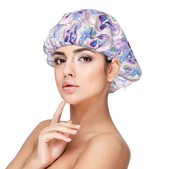 Rateoe white Skull crystal flower Pattern Silk Satin Hair Bonnet for Sleeping, Adjustable Sleep Cap Turban for Women , Curly Straight Hair Long Large Braid