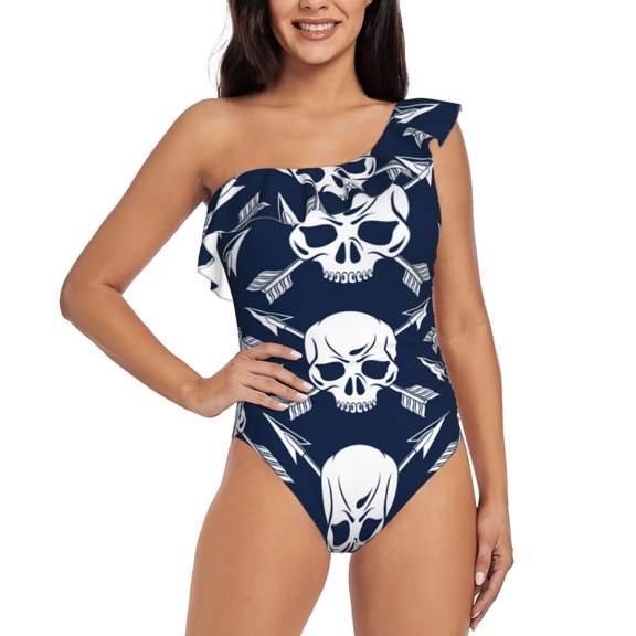 Rateoe white arrow Skull Pattern Women One Piece Swimsuits Tummy Control One Shoulder Bathing Suits Ruffle Swimwear-