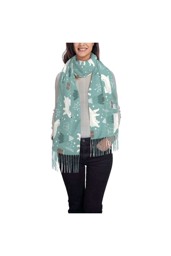 whiter Snow bear Print Women's Traditional Scarf Wrap Tassel Shawl Fringes Neck Head Shawl Retro Scarf