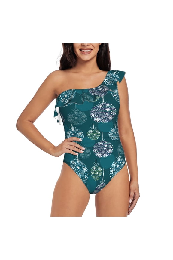 whiter Snowflake balloons Pattern Women One Piece Swimsuits Tummy Control One Shoulder Bathing Suits Ruffle Swimwear-Large