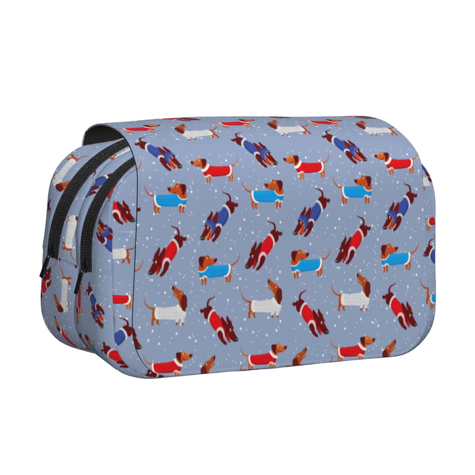 Rateoe winter Dachshund Pattern Double Clamshell Pen Case, Storage Organizer with Two Zipper Compartments– Holds Up to 50 Pencils & Pens