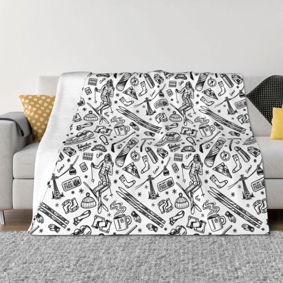 Rateoe winter Ski Element Pattern Flannel Throw Blanket, Ultra-soft Blanket for Bed, Couch, Car, Hypoallergenic Anti-pilling blanket-80"x60"(Horizontal)