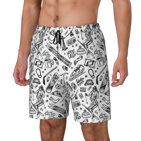 Rateoe winter Ski Element Pattern Men’s Swim Shorts with Compression Liner – Double-Layered Quick-Dry Swimwear, Comfortable & Stretchy Beach Shorts-Medium