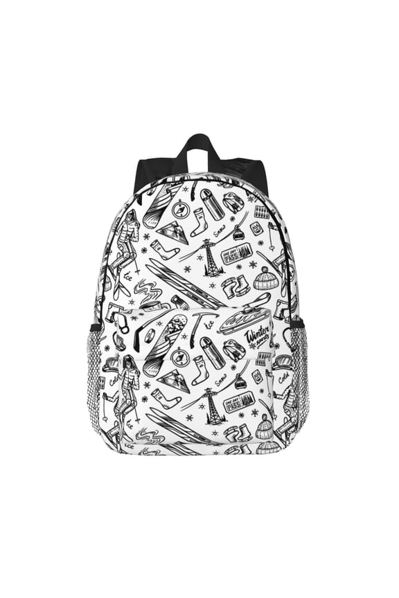 winter Ski Element Pattern Student Backpack Water-resistant Backpack 15-inch Laptop Backpack Lightweight Adjustable School Backpack