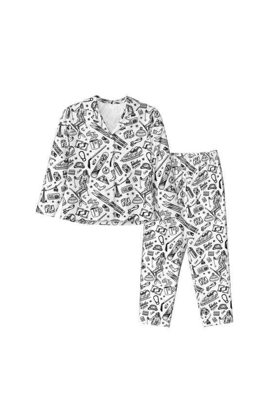 winter Ski Element Pattern Womens Pajamas Set Long Sleeve Sleepwear Button Down Nightwear Soft Cotton Pj Lounge Sets-Large
