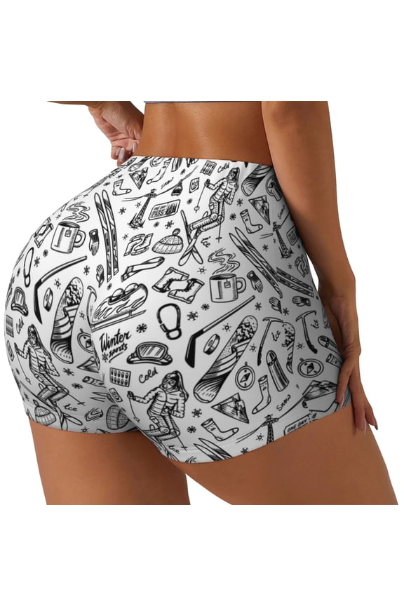 winter Ski Element Printed Power Workout Shorts for Women Tummy Control Squat Proof Ribbed Thick Seamless Scrunch Active Short-Small