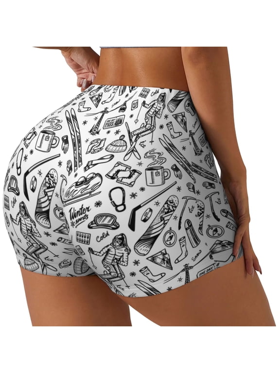 winter Ski Element Printed Power Workout Shorts for Women Tummy Control Squat Proof Ribbed Thick Seamless Scrunch Active Short-Small