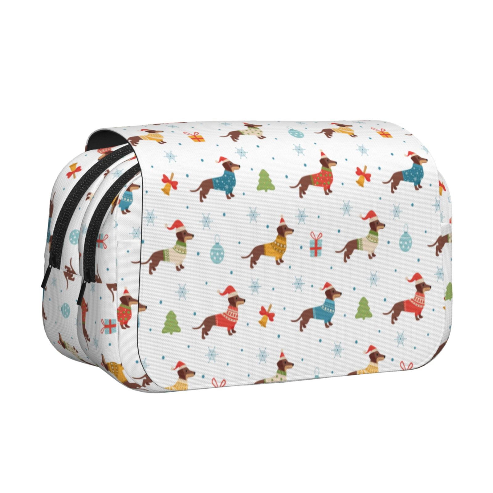 Rateoe winter Snowflake Dachshund Pattern Double Clamshell Pen Case, Storage Organizer with Two Zipper Compartments– Holds Up to 50 Pencils & Pens