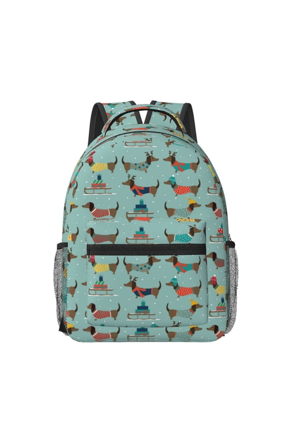 winter ski Dachshund Pattern Durable Student Backpack Laptop Bag- Ergonomic Design, Waterproof Twill Fabric - Ideal for School, Travel, and Outdoor Activities-One Size