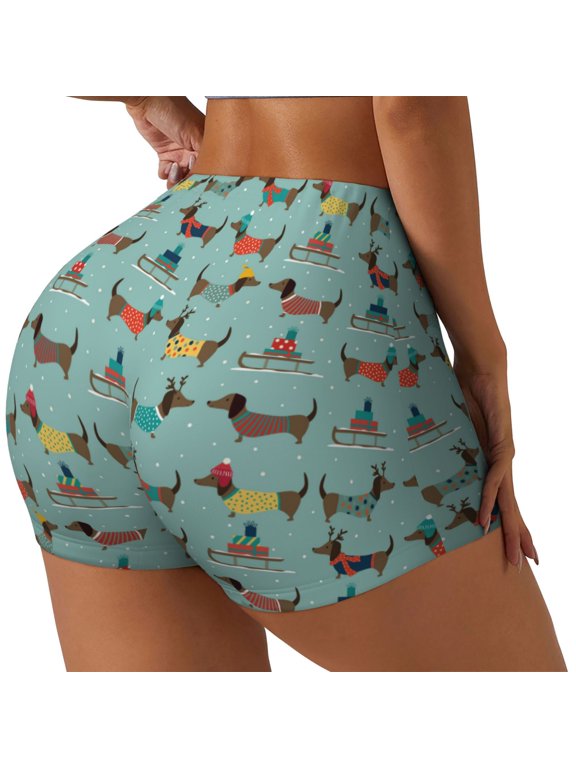 winter ski Dachshund Printed Power Workout Shorts for Women Tummy Control Squat Proof Ribbed Thick Seamless Scrunch Active Short-XX-Large