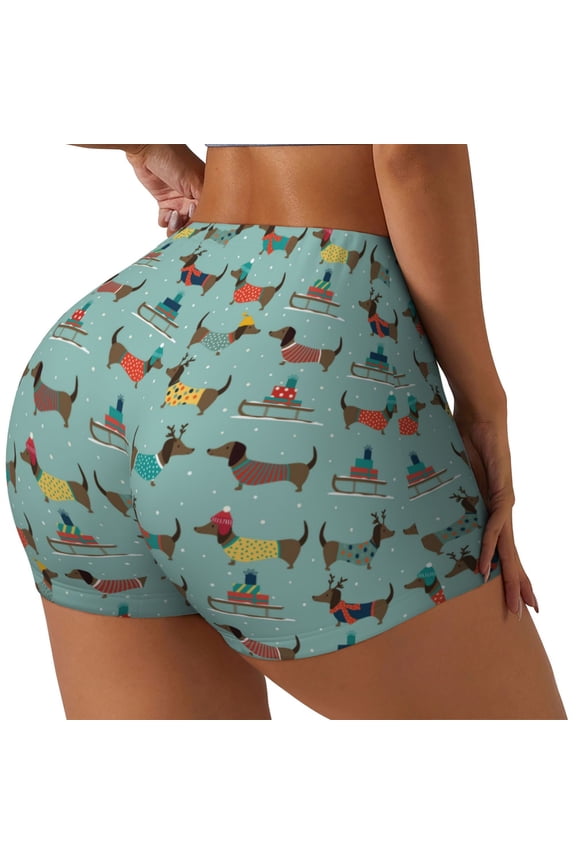 winter ski Dachshund Printed Power Workout Shorts for Women Tummy Control Squat Proof Ribbed Thick Seamless Scrunch Active Short-XX-Large