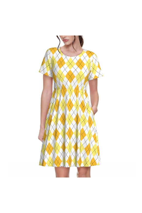 yellow argyle Pattern Women’s Short Sleeve Dress – Casual Elegant Summer A-Line Dress for Everyday Wear