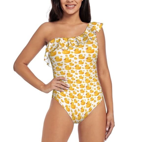 Rateoe yellow rubber ducks Pattern Women One Piece Swimsuits Tummy Control One Shoulder Bathing Suits Ruffle Swimwear-X-Large
