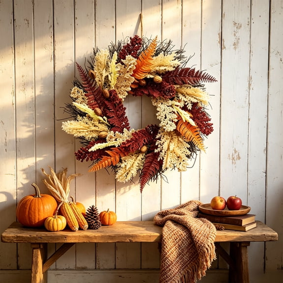 Ratfeit 19.6-Inch Thanksgiving Fall Wreath With Artificial Fern, Grain & Nut Ornaments, Outdoor Fall Decor for Front Door, Wall & Fireplace