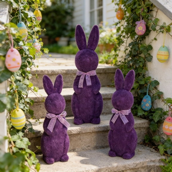 Ratfeit 3-Piece Faux Fur Rabbit Set, Easter Decor Collection With Bow Ties, Purple Rabbit Figurines Ideal For Easter Centerpieces, Home Decor, And Shelf Displays Three Sizes (Purple)
