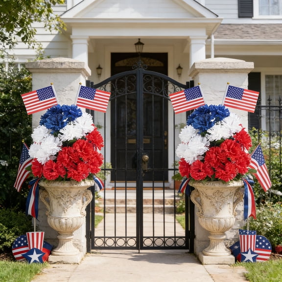 Ratfeit Artificial Tree With Red White Blue Flag Ground Stakes, Fake For Outdoor Garden Landscaping, Plastic Artificial With Stake For Porch Courtyard Balcony Backyard Decor
