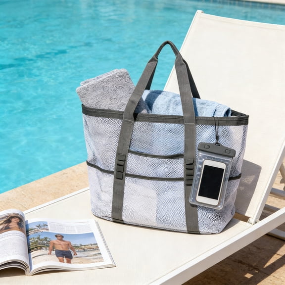 Ratfeit Beach Bag Organizer, Large Beach Tote Bags Foldable Mesh Swimming Pool Bag with Mini Pockets - Sandproof, Waterproof for Travel, Pool, Gym, Cruise