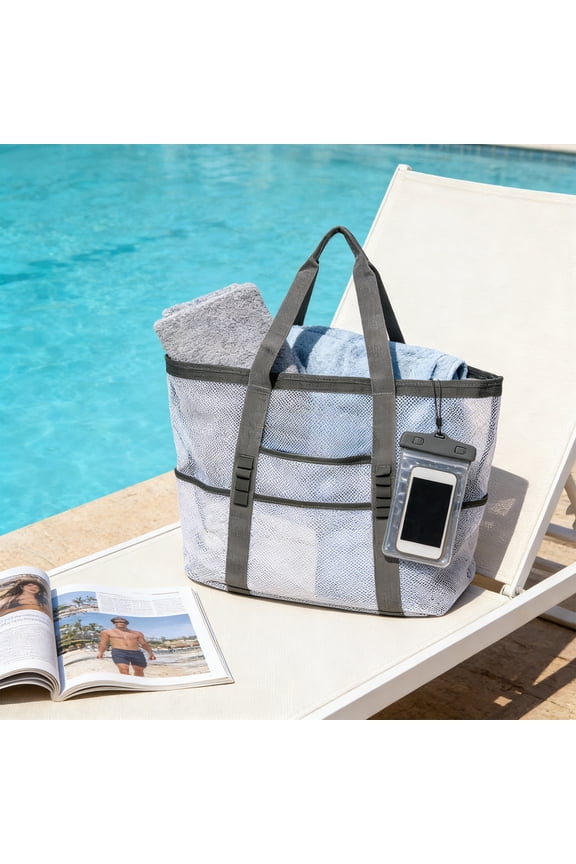 Beach Bag Organizer, Large Beach Tote Bags Foldable Mesh Swimming Pool Bag with Mini Pockets - Sandproof, Waterproof for Travel, Pool, Gym, Cruise