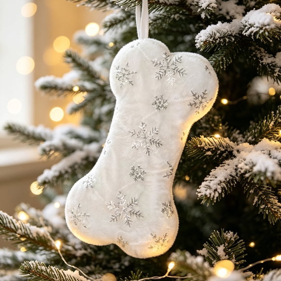 Ratfeit Christmas Bone Shaped Pet Stocking, 16-Inch, White Plush With Silver Sequin Snowflakes, Hanging Cord, Holiday Decor for Fireplace & Christmas Tree, Dog Gift Bag