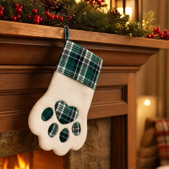 Ratfeit Christmas Paw Print Pet Stocking, 15.3-Inch, Green Tartan Plaid Pattern, Hanging Cord, Xmas Decor for Fireplace & Tree, Dog Cat Holiday Gift Holder