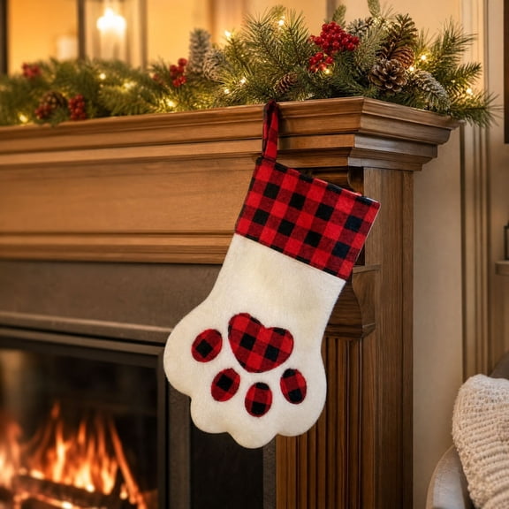 Ratfeit Christmas Paw Shaped Pet Stocking, 15.3-Inch, Red Black Buffalo Plaid, With Hanging Loop, Holiday Mantel Decor, Pet Treat Gift Bag for Puppy Kitten