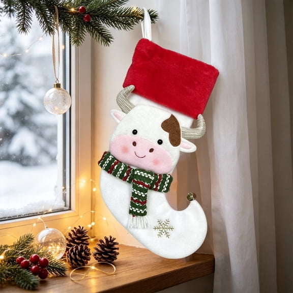 Ratfeit Christmas Stocking White Cow Design, Cute Bull Face With Brown Horns & Green Scarf, 3D Animal Shape Hanging Sock for Mantle, Novelty Holiday Decor