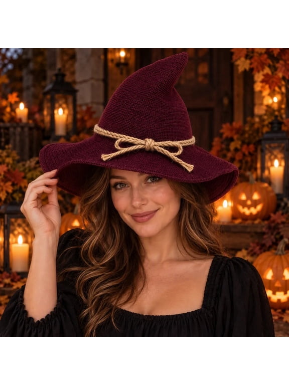Halloween Knitted Pointed Wizard Witch Hat for Women, Wide Floppy Brim with Straw Crochet Texture & Jute Rope Bow, Adult Dress-Up Party Costume Photo Prop, Red