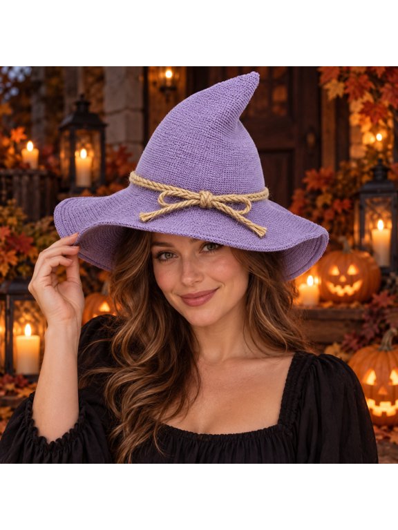 Halloween Knitted Pointed Wizard Witch Hat for Women, Wide Floppy Brim with Straw Crochet Texture & Jute Rope Bow, Adult Dress-Up Party Costume Photo Prop, Purple