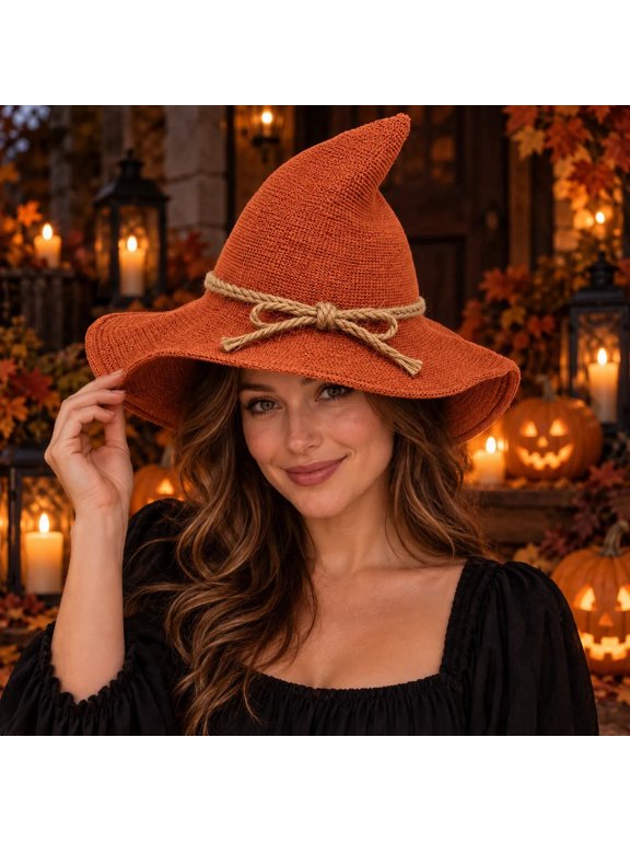 Halloween Knitted Pointed Wizard Witch Hat for Women, Wide Floppy Brim with Straw Crochet Texture & Jute Rope Bow, Adult Dress-Up Party Costume Photo Prop, Orange