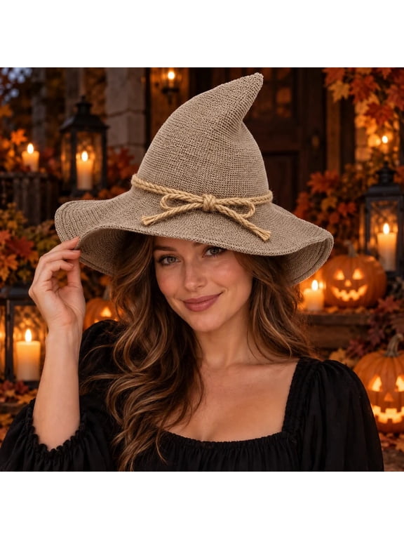 Halloween Knitted Pointed Wizard Witch Hat for Women, Wide Floppy Brim with Straw Crochet Texture & Jute Rope Bow, Adult Dress-Up Party Costume Photo Prop, Khaki