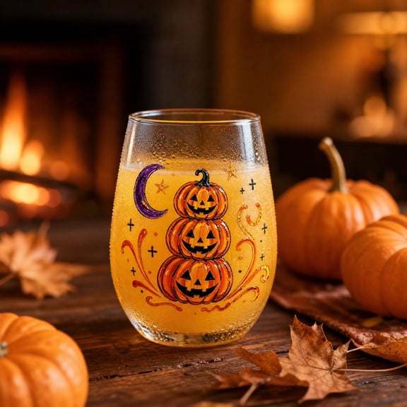 Ratfeit Halloween Stemless Glass Cup, Stacked Jack‑O‑Lantern Moon Star Print Clear Drinkware, Festive Tableware for Home Bar, Party Beverage Serving & Seasonal Gift