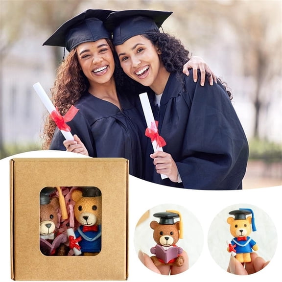 Ratfeit Mini Graduation Bear Couple Decorations: 2 Pack Gift Set For Graduation Party Favors, With Cap & Diploma In Brown Kraft Box With Window Display.