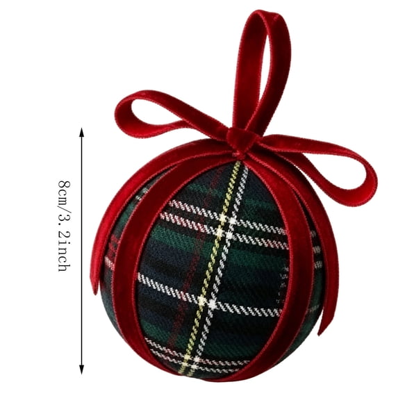Ratfeit Plaid Christmas Ball Ornaments, Tartan Fabric Wrapped Hanging Baubles With Velvet Ribbon Bow for Holiday Tree, Wreath, Winter Party Decor, Green