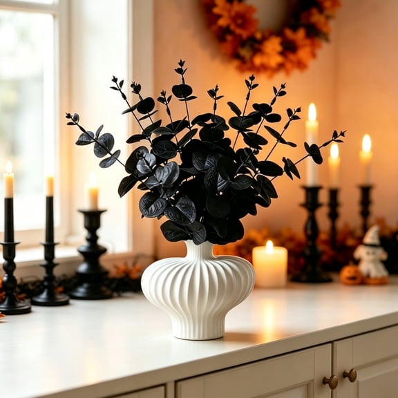 Ratfeit Soft Texture Black Artificial Foliage Bunch 4-Fork, Dark Plastic Leaves For Halloween Gothic Party Vase Centerpiece, Mantel & Dining Table Decor