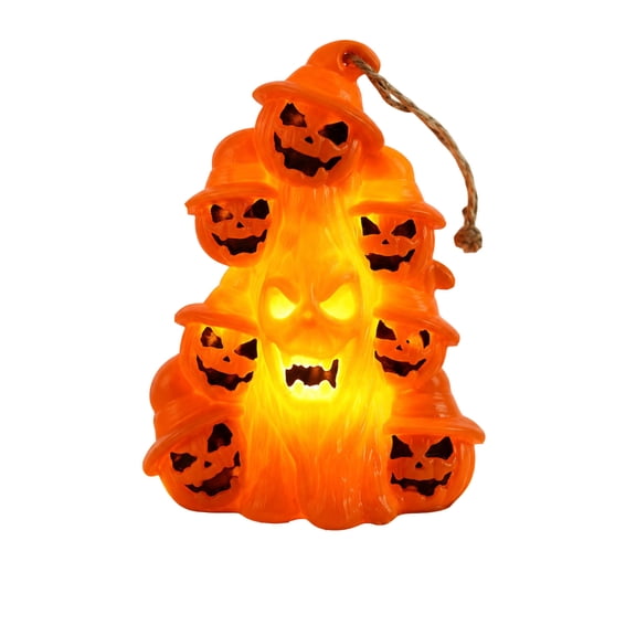 Ratfeit Warm Orange Glow Plastic Halloween Stacked Pumpkin Ghost Tree Night Light, Tabletop Or Hanging Decor For Porch, Mantel, Shelf, Office & Party